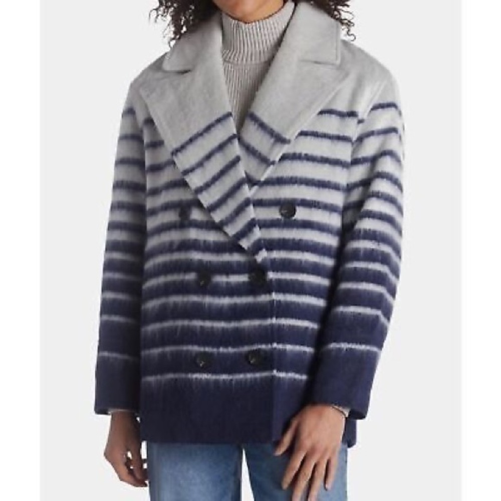 Avec Les Filles Stripe Double Breasted Peacoat NWOT NAVY AND GREY